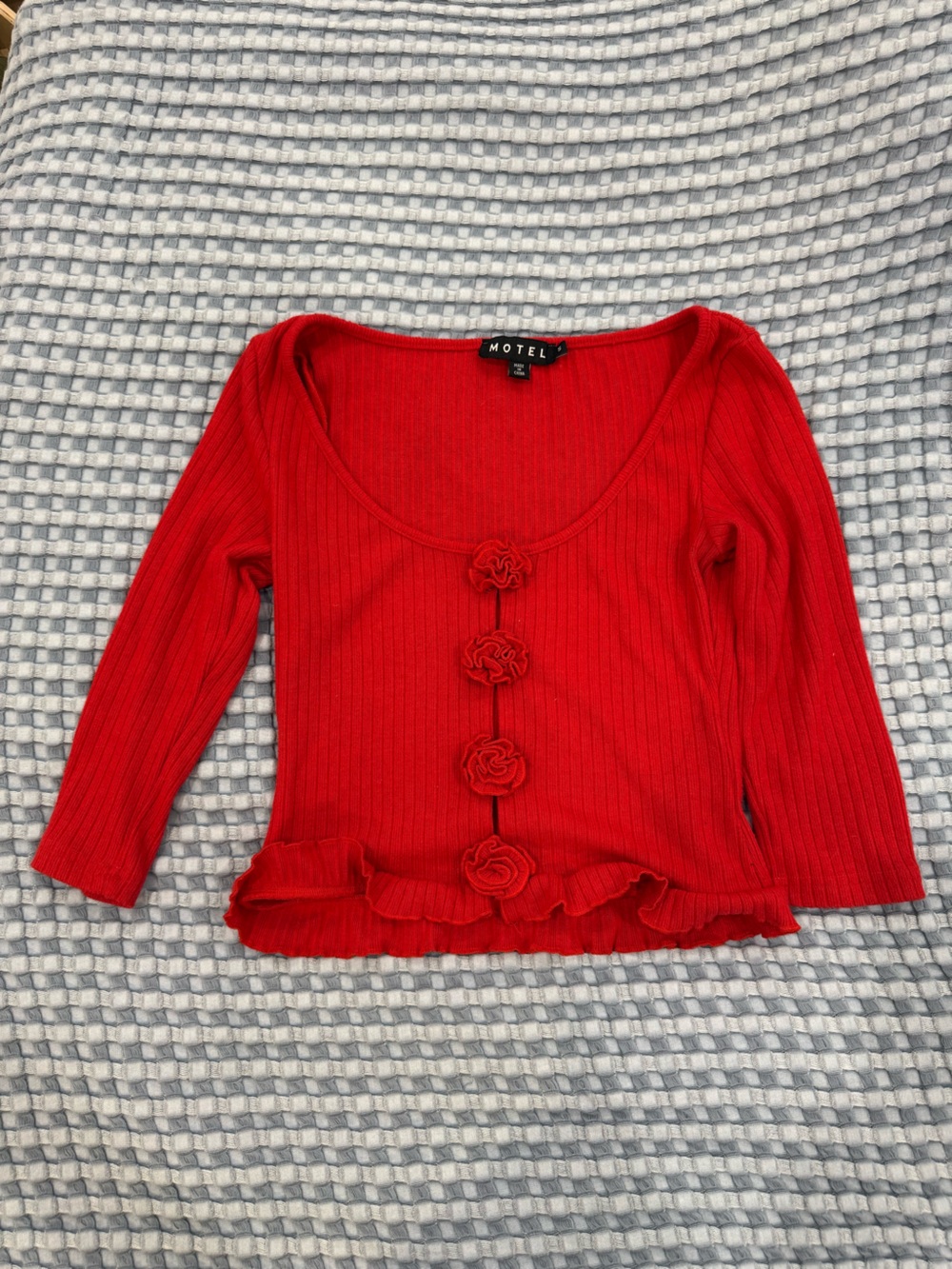 Motel Rocks Red Ribbed Button-Up Knit Top with Rose Appliqués